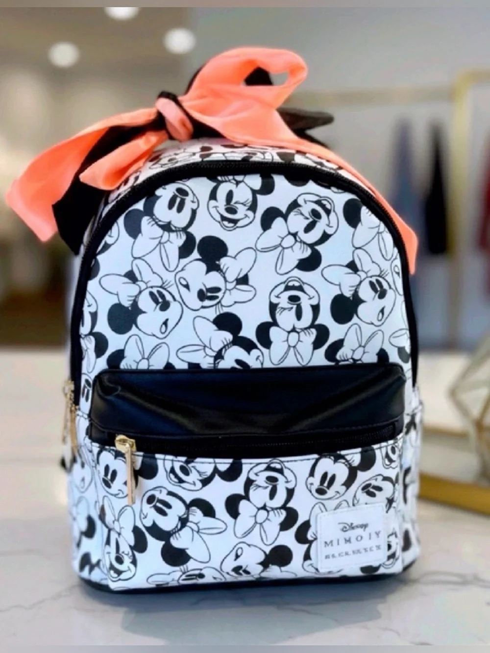 Disney Black & White Minnie Mouse Mini Backpack with Coral Bow
